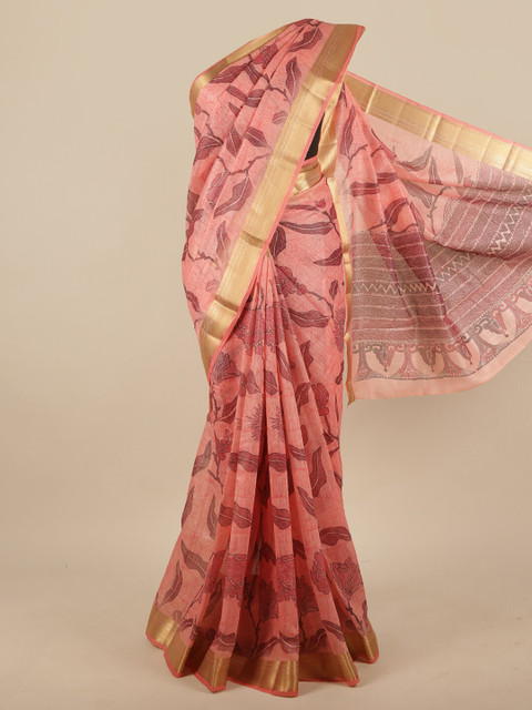 

Pothys Pink & Maroon Floral Printed Zari Jute Silk Saree