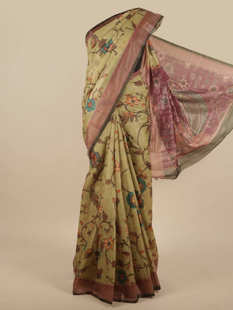 

Pothys Green & Brown Floral Jute Silk Saree