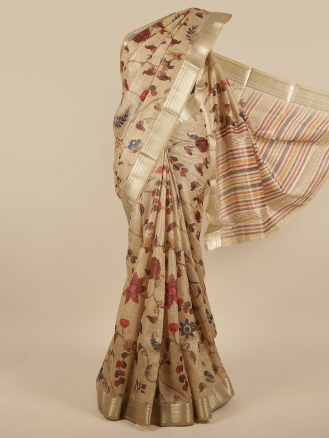 

Pothys Cream-Coloured & Gold-Toned Floral Jute Silk Saree