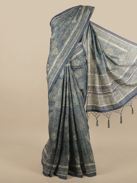 

Pothys Blue & Cream-Coloured Floral Jute Silk Saree