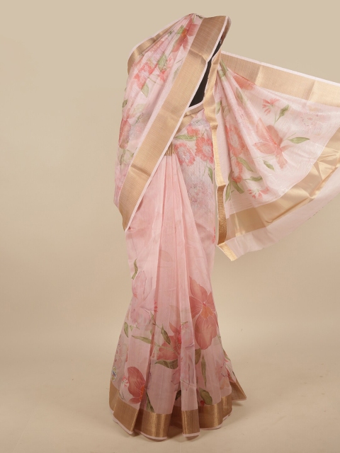 

Pothys Pink & Green Floral Zari Jute Silk Saree