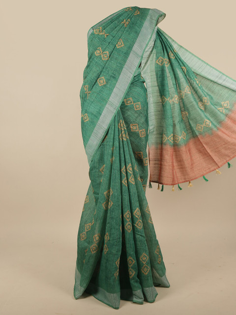 

Pothys Green & White Printed Jute Silk Saree