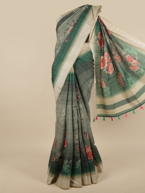 

Pothys Green & Cream-Coloured Floral Jute Silk Saree