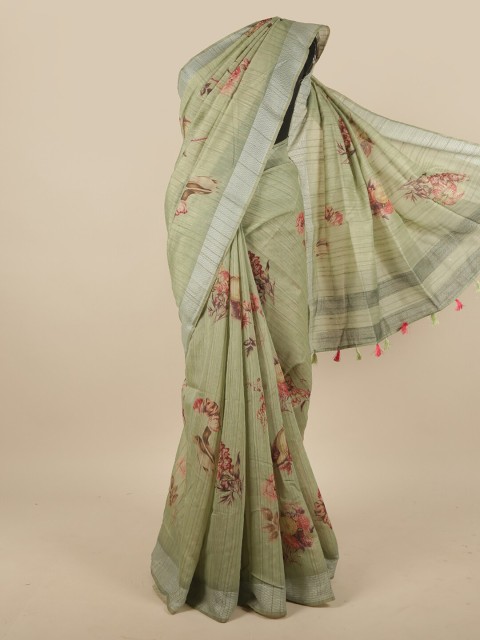 

Pothys Green & Brown Floral Jute Silk Saree