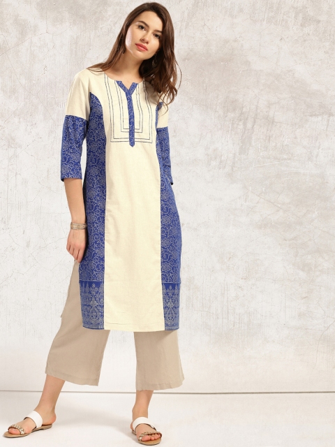 

Anouk Women Off-White & Navy Yoke Design A-Line Kurta