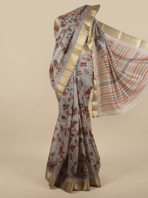 

Pothys Grey & Gold-Toned Floral Zari Jute Silk Saree