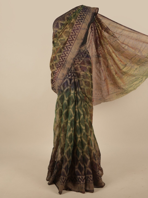 

Pothys Green Geometric Printed Jute Silk Saree