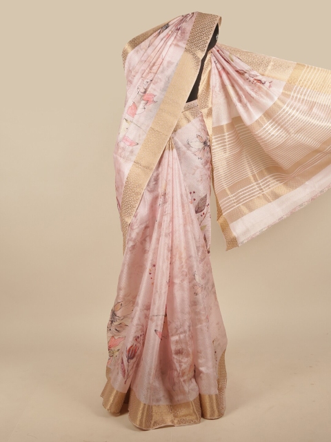 

Pothys Pink & Gold-Toned Floral Zari Jute Silk Saree