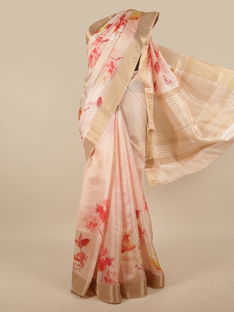 

Pothys Peach-Coloured & Red Floral Zari Jute Silk Saree