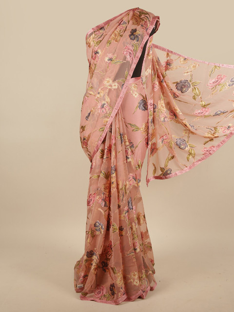 

Pothys Pink & Grey Floral Beads and Stones Poly Chiffon Saree