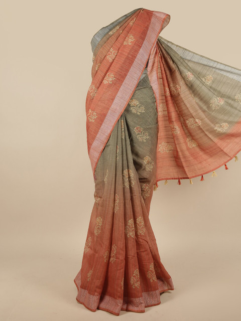 

Pothys Peach-Coloured & White Floral Printed Jute Silk Saree