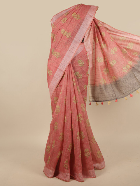

Pothys Pink & Green Floral Jute Silk Saree