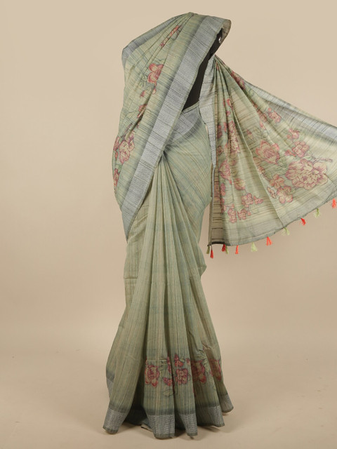 

Pothys Green & Pink Floral Printed Jute Silk Saree