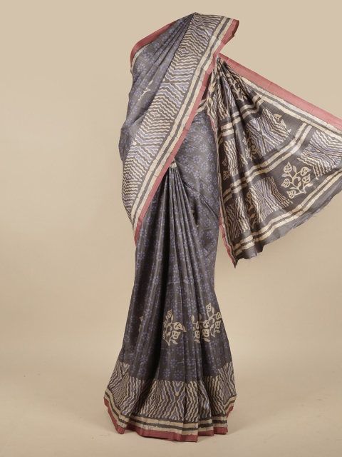 

Pothys Grey & Pink Printed Jute Silk Saree