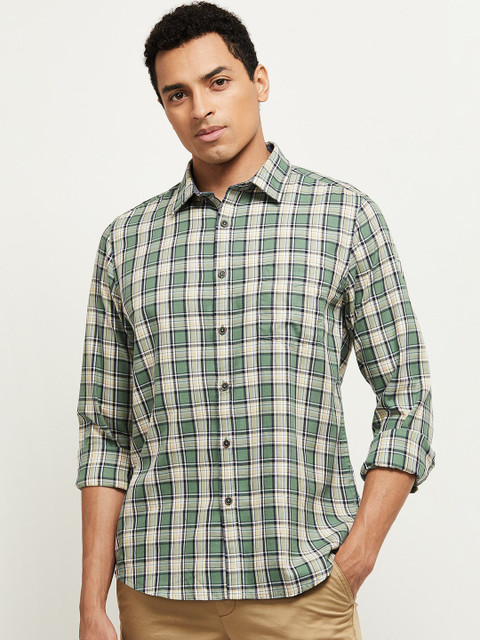 

max Men Green Tartan Checked Casual Shirt