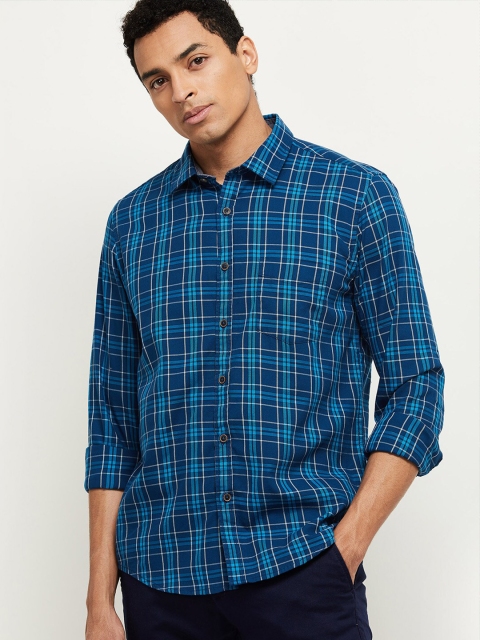 

max Men Blue Tartan Checks Checked Casual Shirt