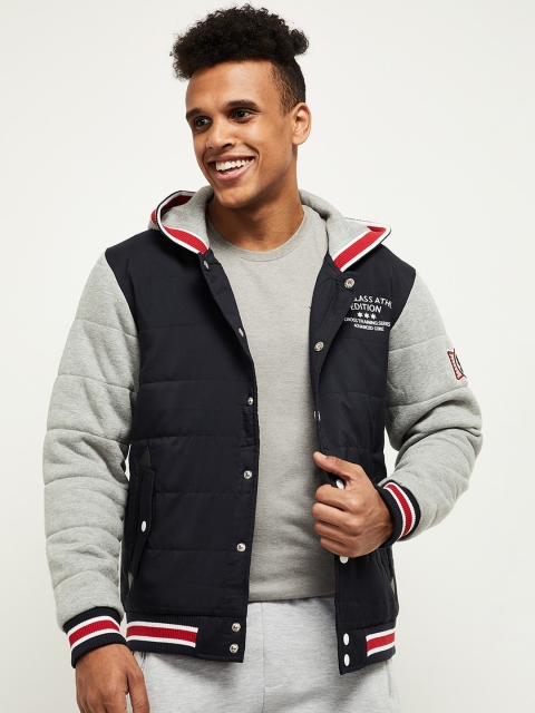 

max Men Navy Blue & Grey Varsity Jacket with Embroidery