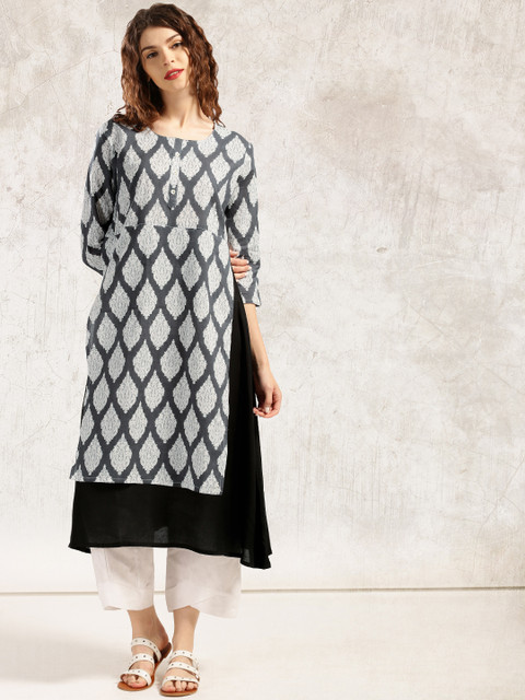 

Anouk Women Grey & Black Printed A-Line Layered Kurta