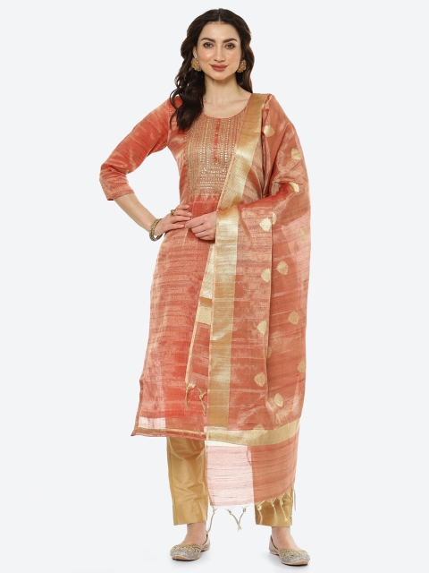 

Meena Bazaar Peach-Coloured & Gold-Toned Printed Unstitched Dress Material