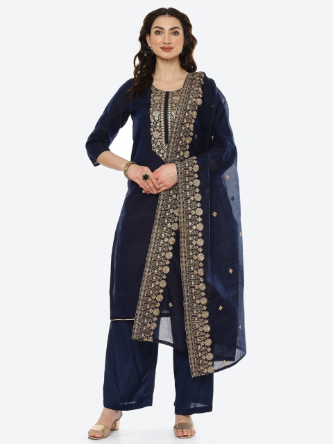 

Meena Bazaar Woman Navy Blue & Gold-Toned Embroidered Unstitched Dress Material