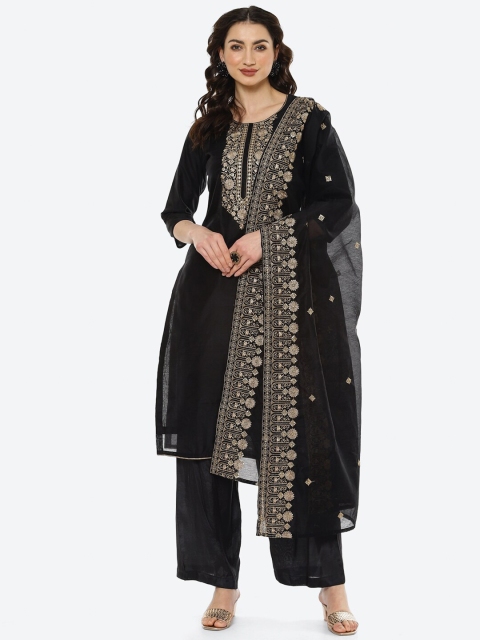 

Meena Bazaar Black & Gold-Toned Embroidered Unstitched Dress Material