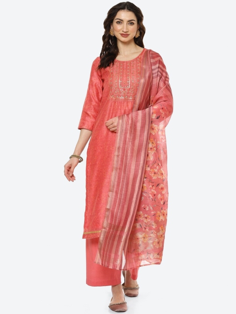 

Meena Bazaar Woman Peach-Coloured & Gold-Toned Printed Unstitched Dress Material