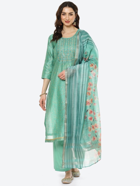 

Meena Bazaar Woman Green & Gold-Toned Printed Unstitched Dress Material
