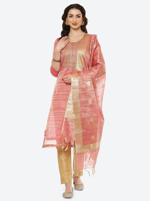 

Meena Bazaar Pink & Gold-Toned Embroidered Unstitched Dress Material