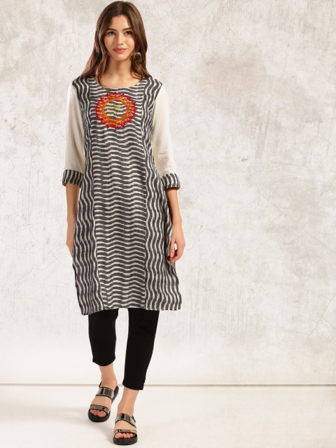 

Anouk Grey & Off-white Embroidered Straight Kurta