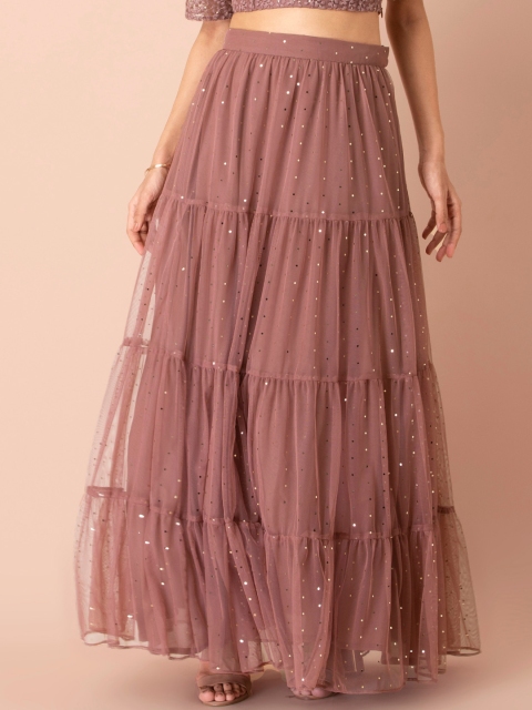 

INDYA Women Pink Solid Flared Tiered Maxi Skirt