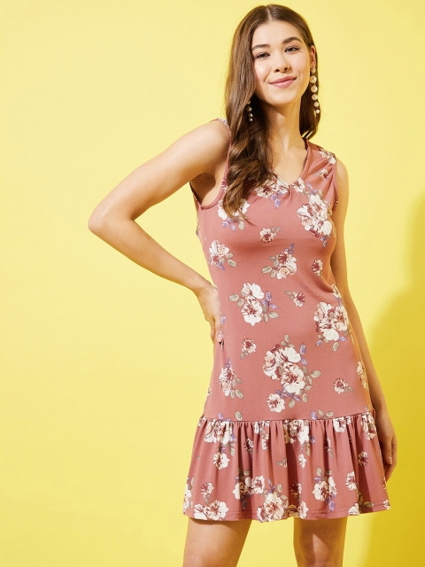 

Vvoguish Peach-Coloured Floral A-Line Dress