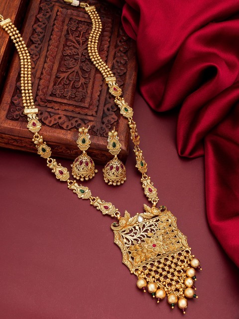 

aadita Gold-Toned Pink & Green Stone-Studded Beaded Jewellery Set