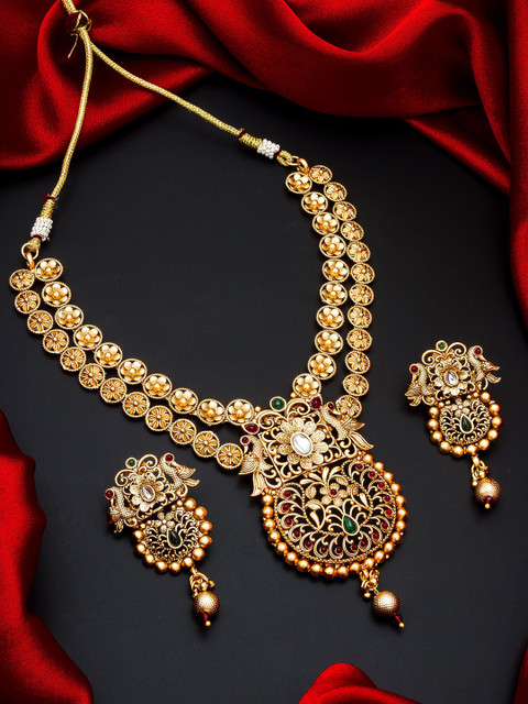 

aadita Woman Gold-Plated Green & Pink Stone-Studded Beaded Temple Jewellery Set