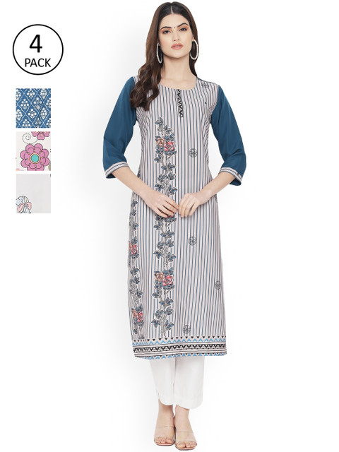 

Ethnic basket Women Pack Of 4 White & Teal Blue Geometric Printed Floral Crepe Kurta