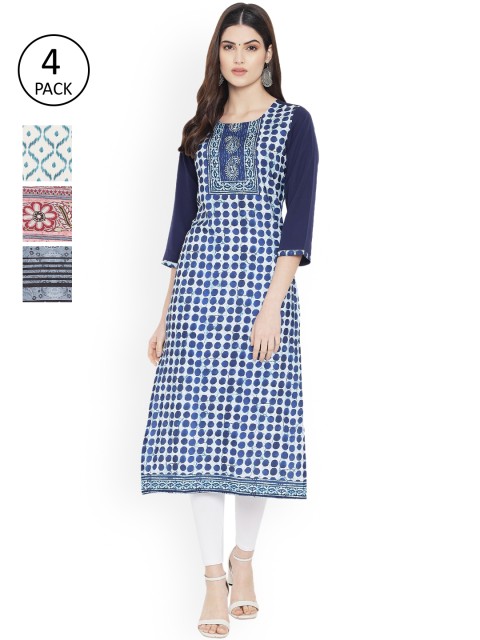 

Ethnic basket Women Pack of 4 Ethnic Motifs Printed Floral Crepe Kurta, Blue