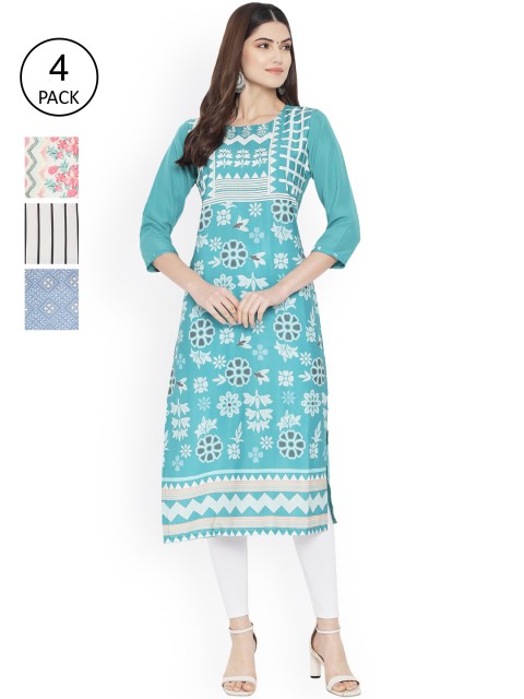

Ethnic basket Women Multicoloured Striped Thread Work Floral Crepe Kurta, Multi