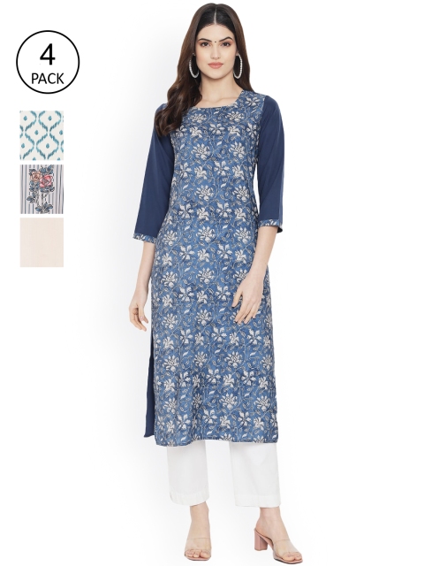 

Ethnic basket Set Of 4 Women Blue & White Floral Printed Floral Crepe Kurta