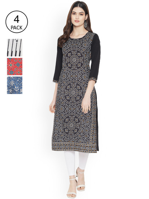 

Ethnic basket Women Pack Of 4 Red & Black Printed Floral Crepe Kurta