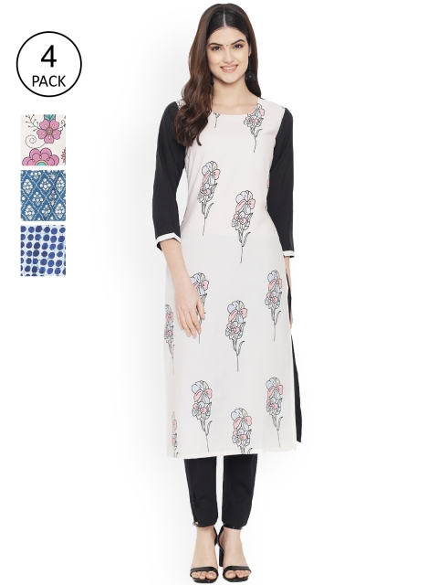 

Ethnic basket Women Pack Of 4 Digital Printed Crepe Kurta, White