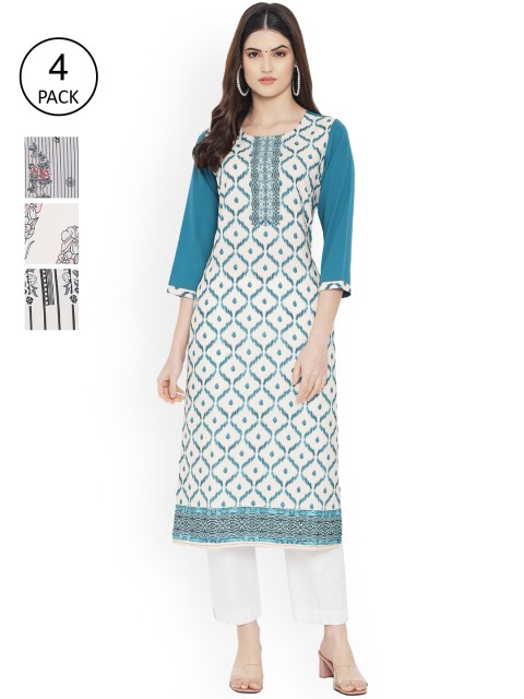 

Ethnic basket Women Multicoloured Striped Thread Work Floral Crepe Kurta, Multi