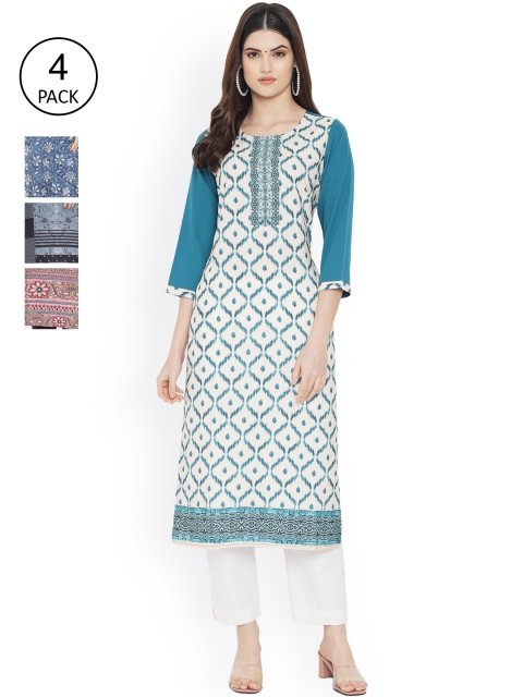

Ethnic basket Women Pack Of 4 White & Red Ethnic Motifs Printed Floral Crepe Kurta