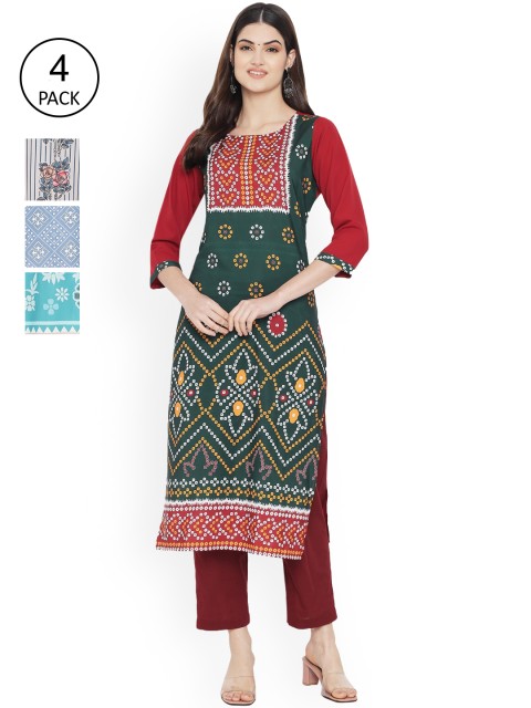 

Ethnic basket Set Of 4 Women Off White & Green Bandhani Printed Floral Crepe Kurta