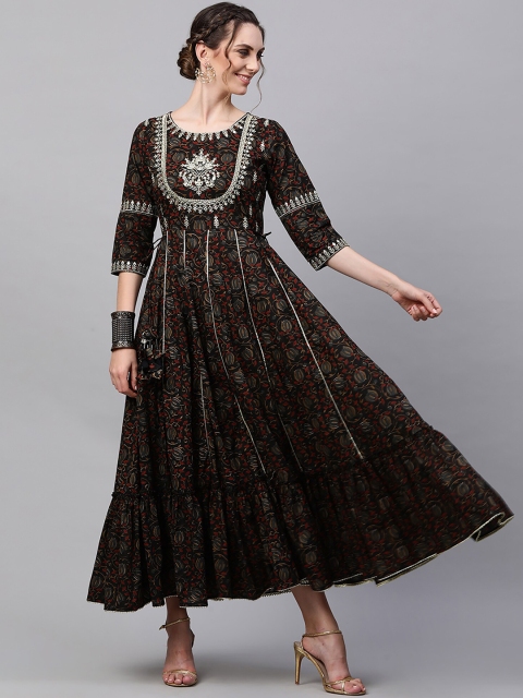 

Indo Era Women Black Ethnic Motifs Printed Flared Sleeves Gotta Patti Anarkali Kurta