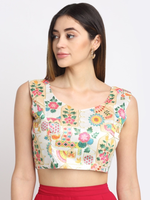 

Grancy Women Multi-Coloured Printed Brocade V-neck Saree Blouse