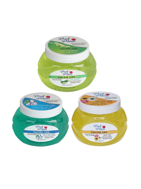 

Pink Plums Set of Cucumber-Ice Cool Mint-Anti-Tan Face & Body Gel - 250 ml Each, Green