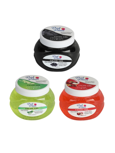 

Pink Plums Set of Cucumber-Charcoal-Fruit Mix Face & Body Gel - 250 ml Each, Multi