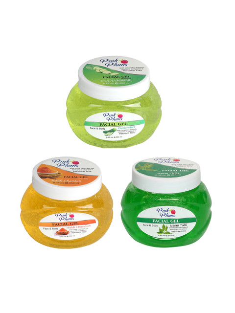 

Pink Plums Set of Paraben Free Cucumber, Haldi Chandan & Neem Tulsi Facial Gel 250 ml Each, Green