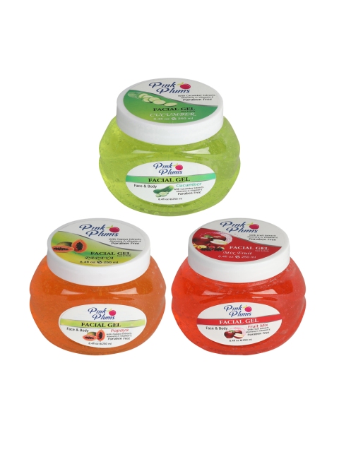 

Pink Plums Set of Paraben Free Cucumber, Papaya & Fruit Mix Facial Gels 250 ml Each, Green