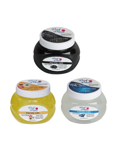 

Pink Plums Set of Paraben Free Charcoal, Anti-Tan & Diamond Facial Gels 250 ml Each, Black