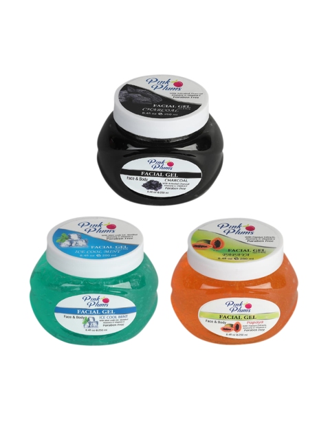 

Pink Plums Set of Paraben Free Charcoal, Ice Cool Mint & Papaya Facial Gels 250 ml Each, Black